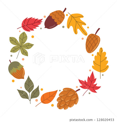 Cute autumn round frame or wreath with leaf, cone, acorn, and tiny dot in cartoon flat style. 128020453
