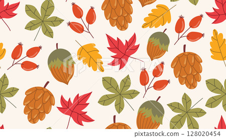 Cute autumn seamless pattern with leaf, rosehip berry, cone, and acorn in cartoon flat style. Cute autumn seamless pattern with leaf, rosehip berry, cone, and acorn in cartoon flat style. 128020454