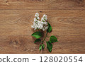 White Lilac Flower on Wooden Surface with Green Leaves Arrangement 128020554