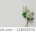 White Lilac Flowers Assembled on White and Wooden Background 128020556