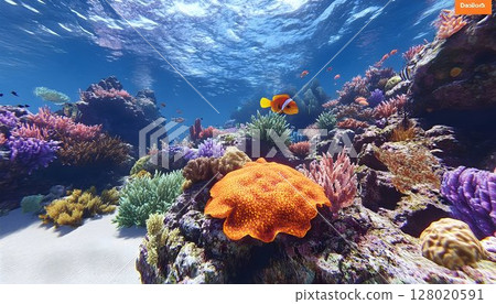 Vibrant coral reef scene with anemonefish swimming through clear ocean waters 128020591