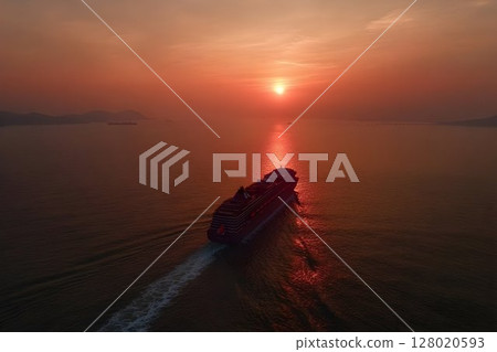 Luxury cruise liner sails into the sunset, a mesmerizing seascape view 128020593