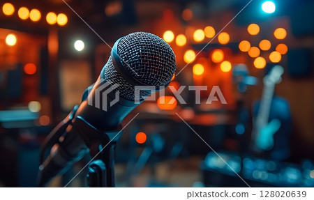 Captivating closeup of a microphone on stage during a live music performance 128020639