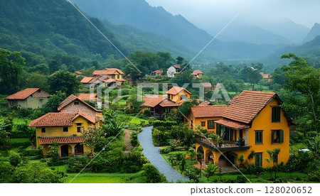 Scenic Vietnamese Village nestled amidst lush green hills and terraced landscapes 128020652