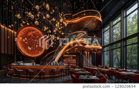 Contemporary restaurant interior with dramatic lighting and architectural design 128020654