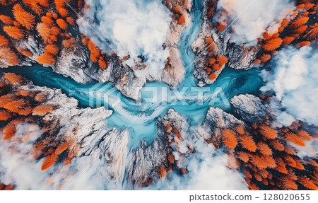 Majestic aerial view capturing a winding river between autumnal forests Majestic aerial view capturing a winding river between autumnal forests 128020655