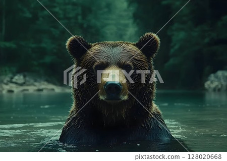 Majestic Bear Emerging from Serene Waters in a Forested Landscape Majestic Bear Emerging from Serene Waters in a Forested Landscape 128020668