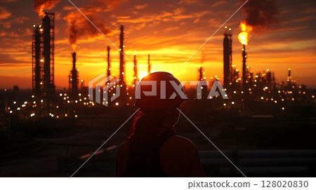 Female engineer overseeing refinery operations at fiery sunset landscape 128020830