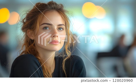 Portrait of serene young woman with auburn hair in soft lighting 128020960