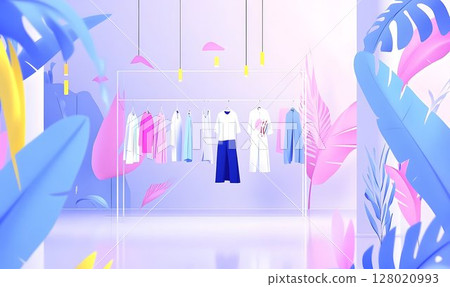 Elegant minimalist apparel arrangement with soft pastel tones and botanical elements 128020993