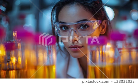 Intense young female scientist conducting experiments in a laboratory setting Intense young female scientist conducting experiments in a laboratory setting 128021022
