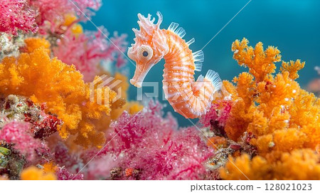Colorful seahorse among coral reef, showcasing marine biodiversity and beauty 128021023