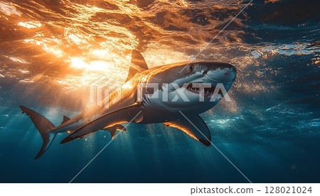 Great white shark in the ocean with sunlight piercing through the surface Great white shark in the ocean with sunlight piercing through the surface 128021024