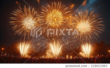 Spectacular fireworks display illuminating a jubilant crowd at night Spectacular fireworks display illuminating a jubilant crowd at night 128021063