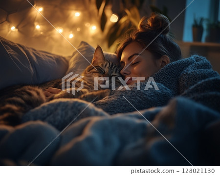 Woman sleeps hugging a cat in a cozy room softly lit with warm fairy lights, peaceful moment. 128021130
