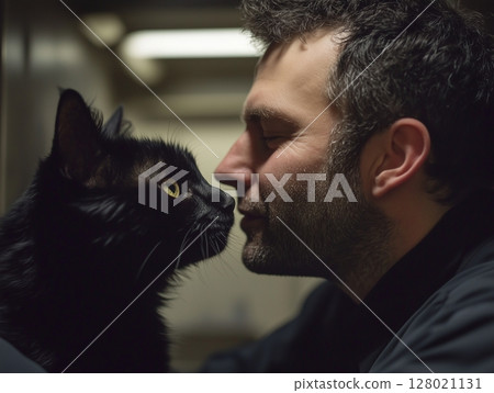 Man and black cat face each other closely, sharing a quiet and intimate moment together. Man and black cat face each other closely, sharing a quiet and intimate moment together. 128021131