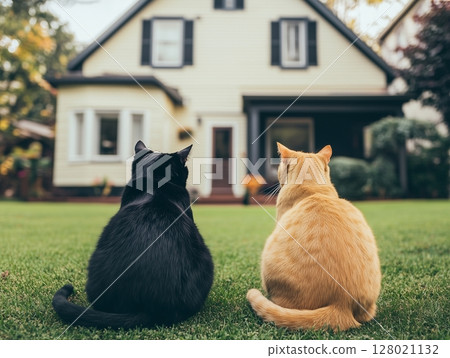 Two cats, ginger and black, sit side by side on a green backyard lawn in a peaceful setting. Two cats, ginger and black, sit side by side on a green backyard lawn in a peaceful setting. 128021132