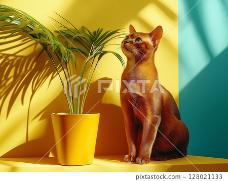 Abyssinian cat sits on a bright colorful background next to a green houseplant, elegant and alert. 128021133