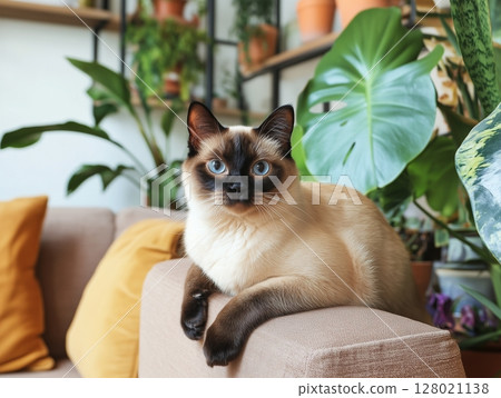 Siamese cat lies on beige sofa armrest in cozy room with houseplants and warm natural light. Siamese cat lies on beige sofa armrest in cozy room with houseplants and warm natural light. 128021138