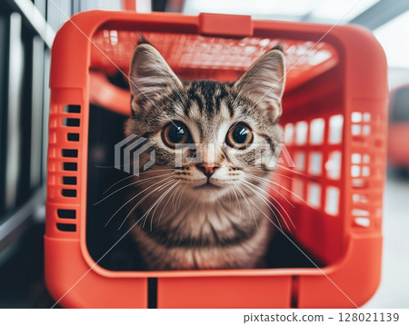 Striped tabby cat sits calmly inside a red plastic pet carrier, looking alert and curious. 128021139