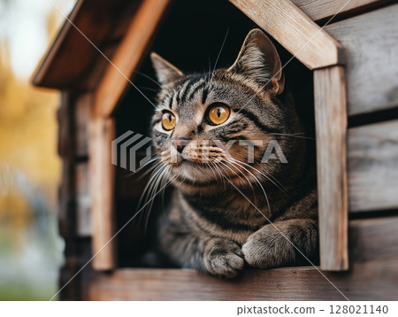 Striped gray cat sits comfortably inside a wooden cat house, cozy and calm indoor scene. 128021140