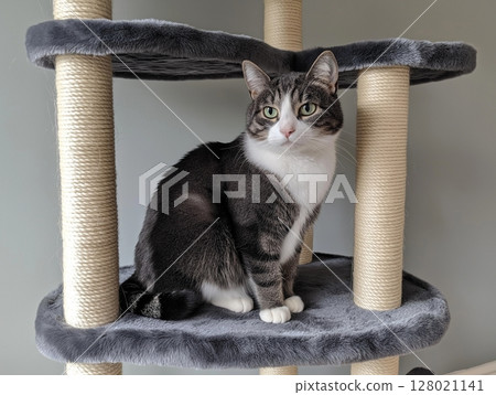 Gray striped cat with white chest and paws lies comfortably inside a cozy cat house indoors. 128021141