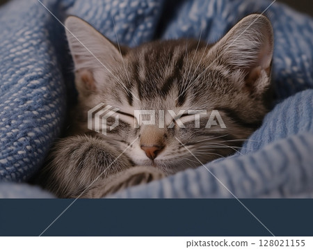 Cat sleeps curled up in a cozy knitted blanket, warm and peaceful indoor scene. Cat sleeps curled up in a cozy knitted blanket, warm and peaceful indoor scene. 128021155