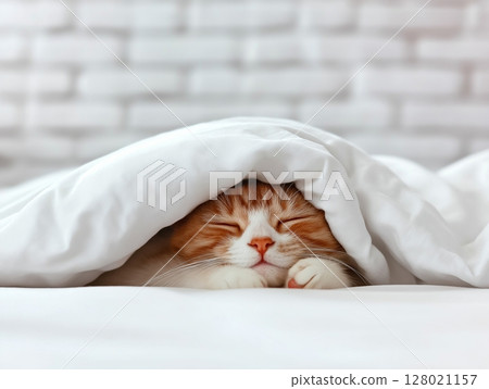 Cat sleeps soundly in white bedding, cozy and peaceful indoor scene with soft natural light. Cat sleeps soundly in white bedding, cozy and peaceful indoor scene with soft natural light. 128021157