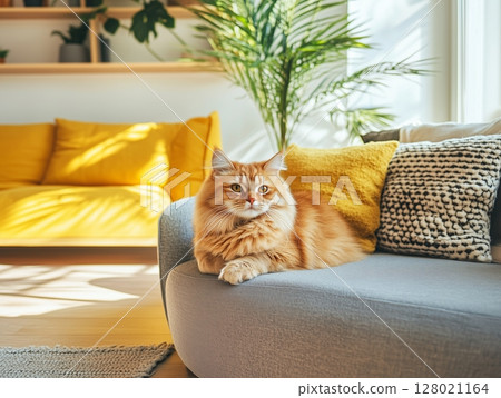 Fluffy ginger cat lies on gray sofa with yellow pillow in cozy minimalist interior setting. Fluffy ginger cat lies on gray sofa with yellow pillow in cozy minimalist interior setting. 128021164