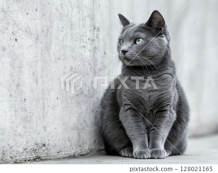 Russian Blue cat sits gracefully near textured concrete wall, natural light highlights sleek fur. Russian Blue cat sits gracefully near textured concrete wall, natural light highlights sleek fur. 128021165