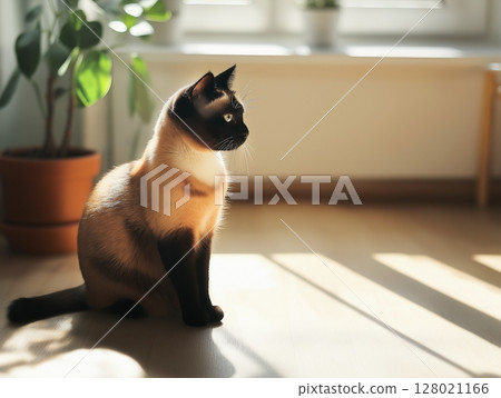 Siamese kitten sits on floor near indoor plants, soft natural light creates cozy atmosphere. Siamese kitten sits on floor near indoor plants, soft natural light creates cozy atmosphere. 128021166