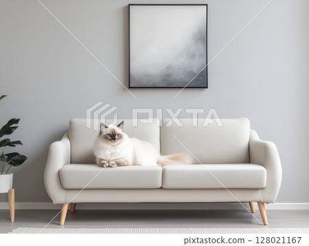 Fluffy white cat relaxing in a cozy stylish home interior with soft natural light and warm tones. Fluffy white cat relaxing in a cozy stylish home interior with soft natural light and warm tones. 128021167