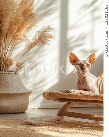 Sphynx cat lies on a woven chair in a cozy boho interior with natural textures and warm tones. Sphynx cat lies on a woven chair in a cozy boho interior with natural textures and warm tones. 128021168