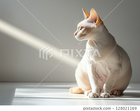 Chubby Sphynx cat sits in warm sunlight on the floor, basking in soft natural light. Chubby Sphynx cat sits in warm sunlight on the floor, basking in soft natural light. 128021169