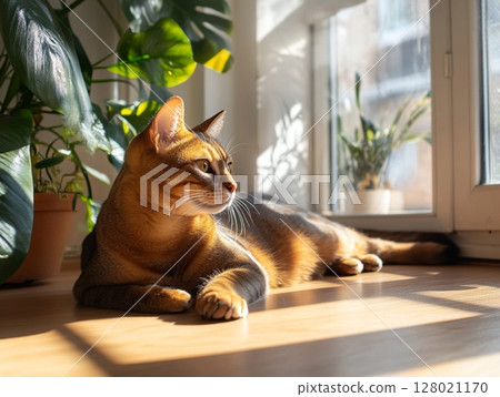 Abyssinian cat lies in sunlight near a window, surrounded by lush indoor plants and warm light. Abyssinian cat lies in sunlight near a window, surrounded by lush indoor plants and warm light. 128021170