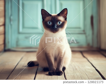 Balinese cat with silky fur sits gracefully on a wooden floor, calm and elegant in soft light. Balinese cat with silky fur sits gracefully on a wooden floor, calm and elegant in soft light. 128021173
