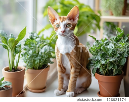 Cornish Rex cat sits gracefully among indoor plants near a window, bathed in soft natural light. 128021174