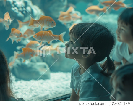 Large oceanarium aquarium with children watching colorful tropical fish through the glass wall. 128021189