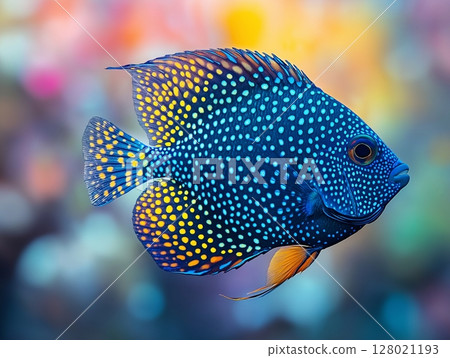 Beautiful aquarium fish swimming gracefully in clear water, close-up, tropical and colorful. 128021193