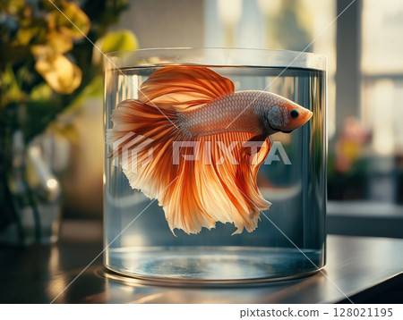 Vibrant Betta fish with flowing fins swimming in aquarium, bright colors and elegant shape. Vibrant Betta fish with flowing fins swimming in aquarium, bright colors and elegant shape. 128021195