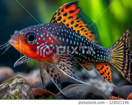 Beautiful aquarium fish swimming gracefully in clear water, close-up, tropical and colorful. 128021196