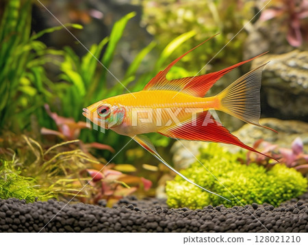 Beautiful aquarium fish swimming gracefully in clear water, close-up, tropical and colorful. 128021210