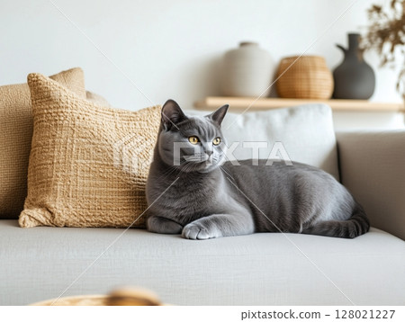 Russian Blue cat lies calmly on a sofa in a minimalist, modern interior setting. 128021227