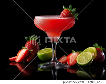 Strawberry daiquiri in cocktail glass on black background with fresh strawberries and lime beside it. Strawberry daiquiri in cocktail glass on black background with fresh strawberries and lime beside it. 128021239