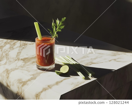 Bloody Mary cocktail with celery and lime on marble table, contrasted shadows add bold, stylish vibe. Bloody Mary cocktail with celery and lime on marble table, contrasted shadows add bold, stylish vibe. 128021244