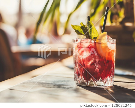 Mai Tai cocktail with mint and lemon in summer beach cafe setting, tropical and refreshing atmosphere. 128021245