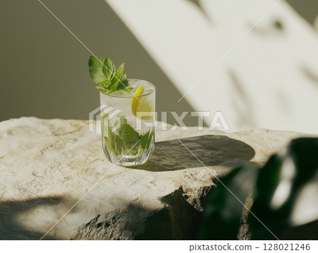 Refreshing cocktail in glass with mint and lime on neutral background with shadows. 128021246
