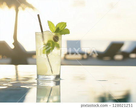 Refreshing cocktail with lime and mint on beach table, sunlit with loungers and sea in background. Refreshing cocktail with lime and mint on beach table, sunlit with loungers and sea in background. 128021251