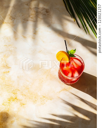 Top view of Singapore Sling cocktail with ice and lemon on stone table, plant shadows add tropical vibe. 128021257