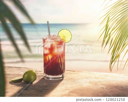 Berry cocktail with lime and ice in tall glass on beach with palm trees and sunny background. 128021258